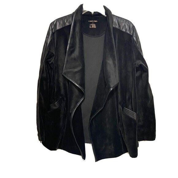 CALVIN KLEIN Black Faux Leather Trim Velour Flyaway Jacket Moto Style Medium - Picture 1 of 10
